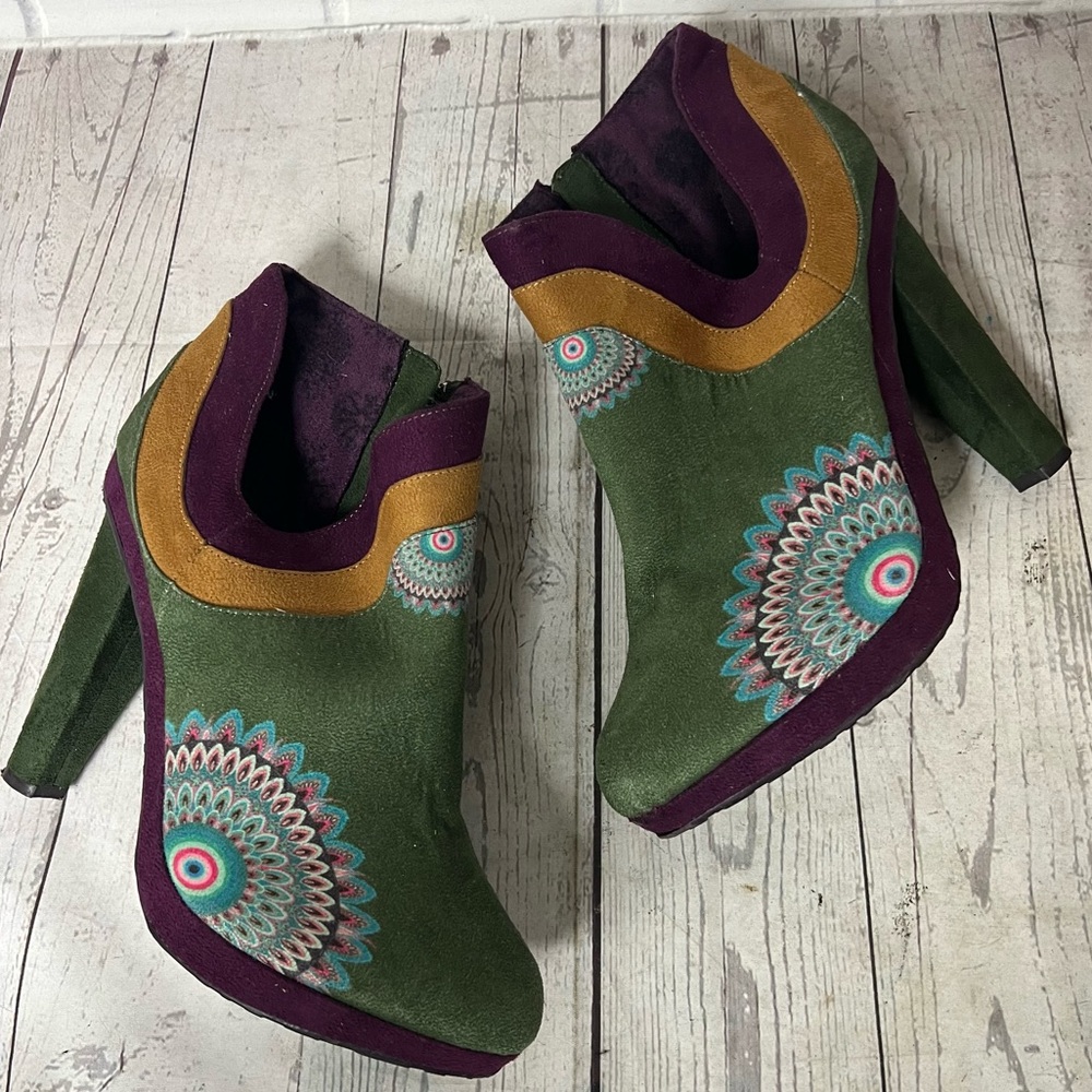 Desigual Heeled Ankle Boot Green Purple Witchy Whimsigoth Size 40 9.5 Multicolor